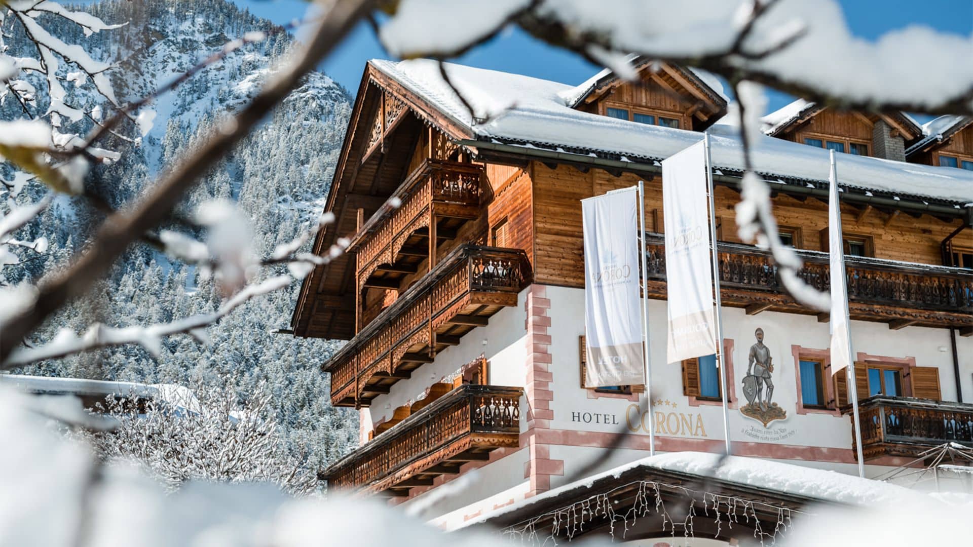 Chalet exterior with private balconies and mountain views