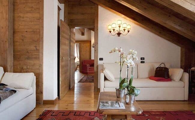 Attic living area with vaulted timber ceilings and sleeper sofa