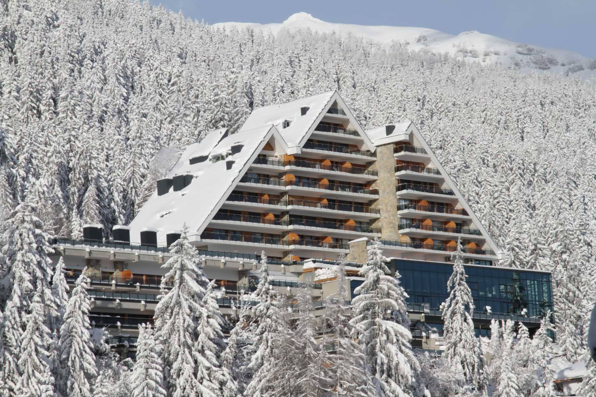 Ski-in, ski-out resort exterior featuring private balconies and forest views