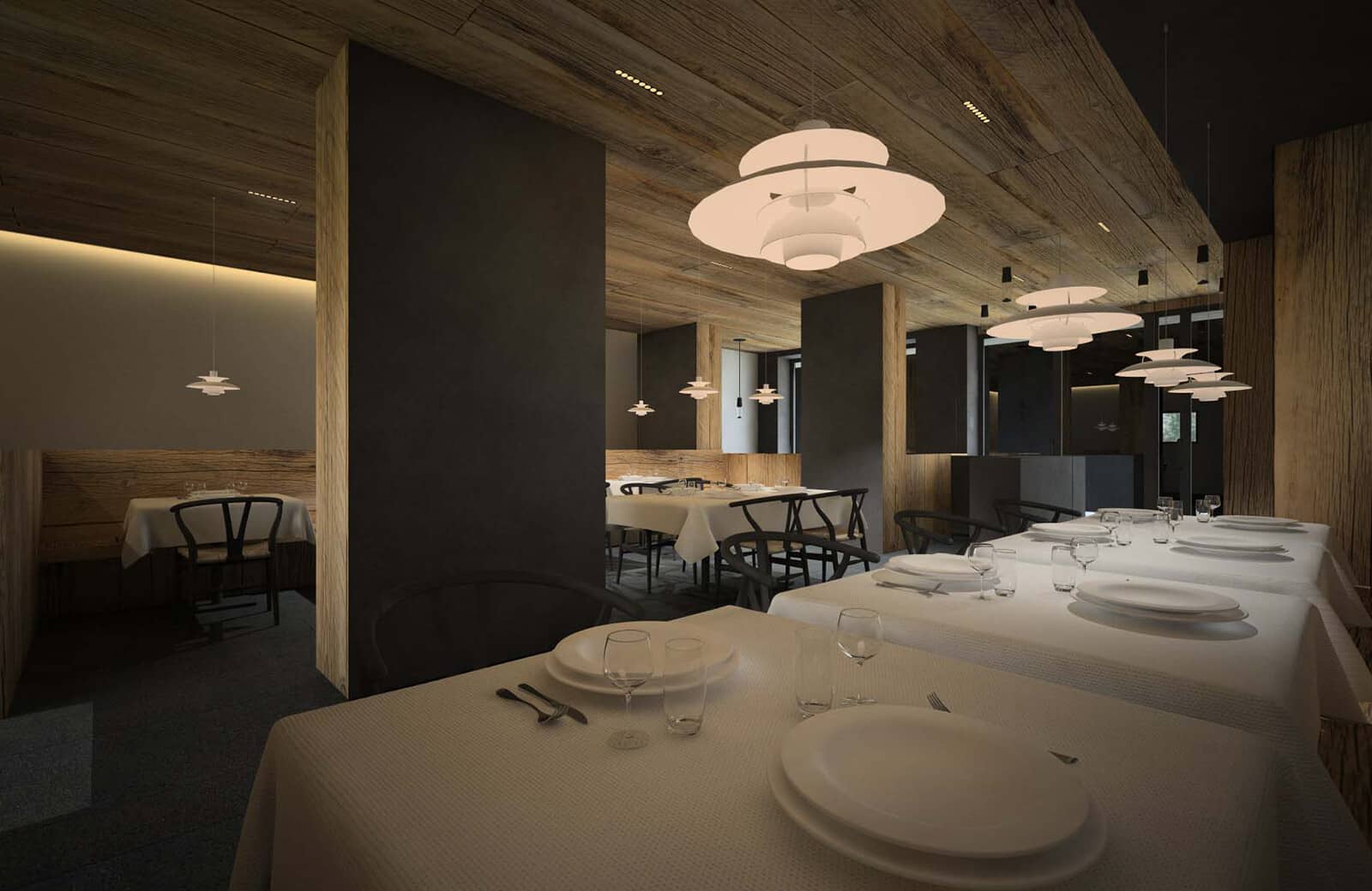 Dining area with reclaimed wood ceilings and designer pendant lighting