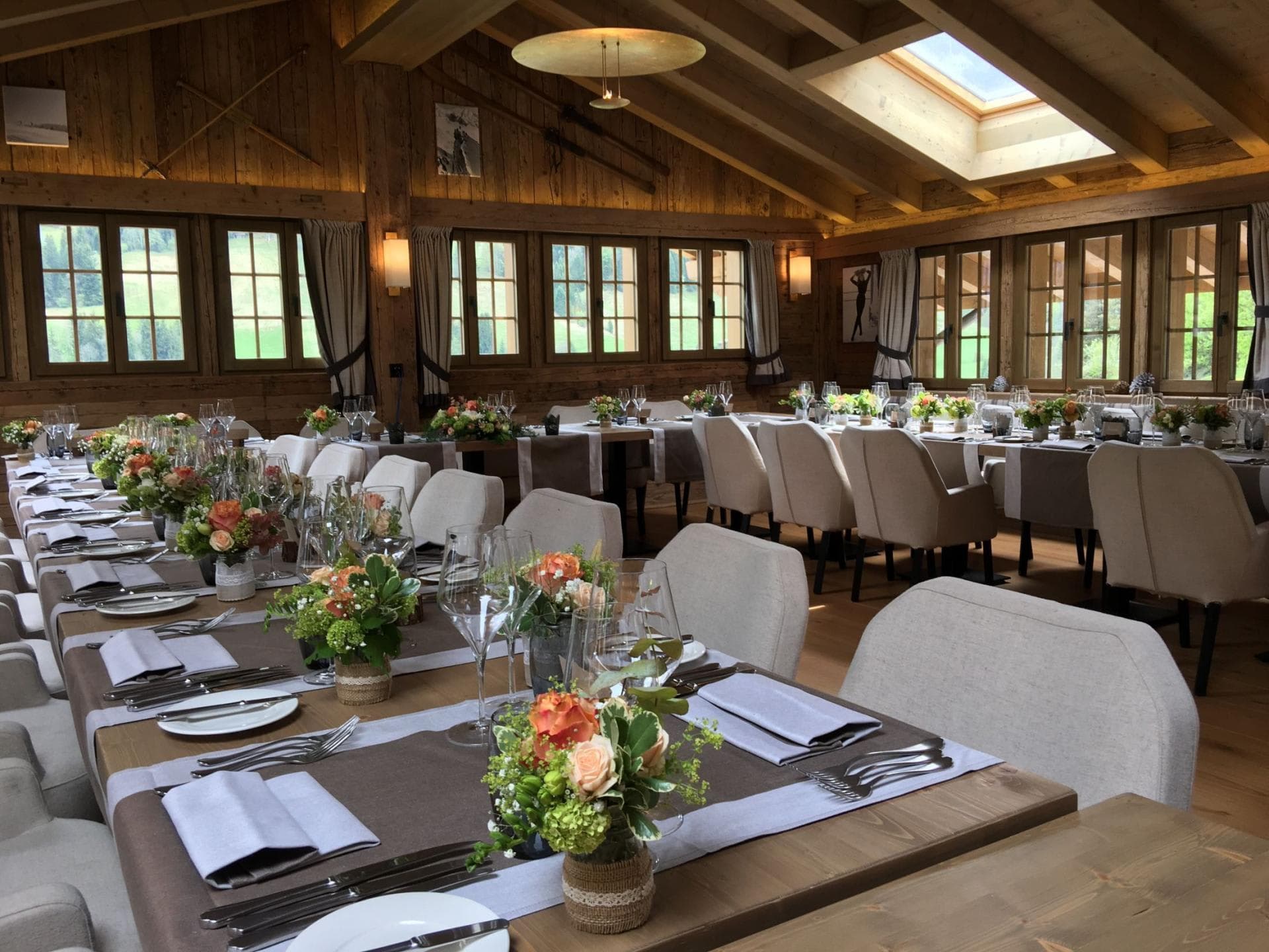 Dining area with skylights and banquet seating for 30 plus guests