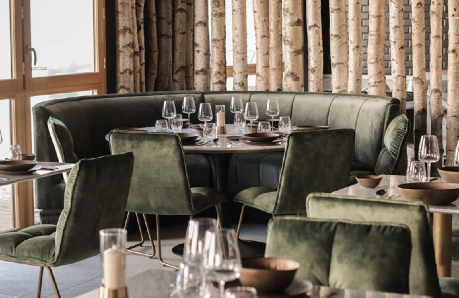 Dining area with velvet booth seating and birch tree room divider