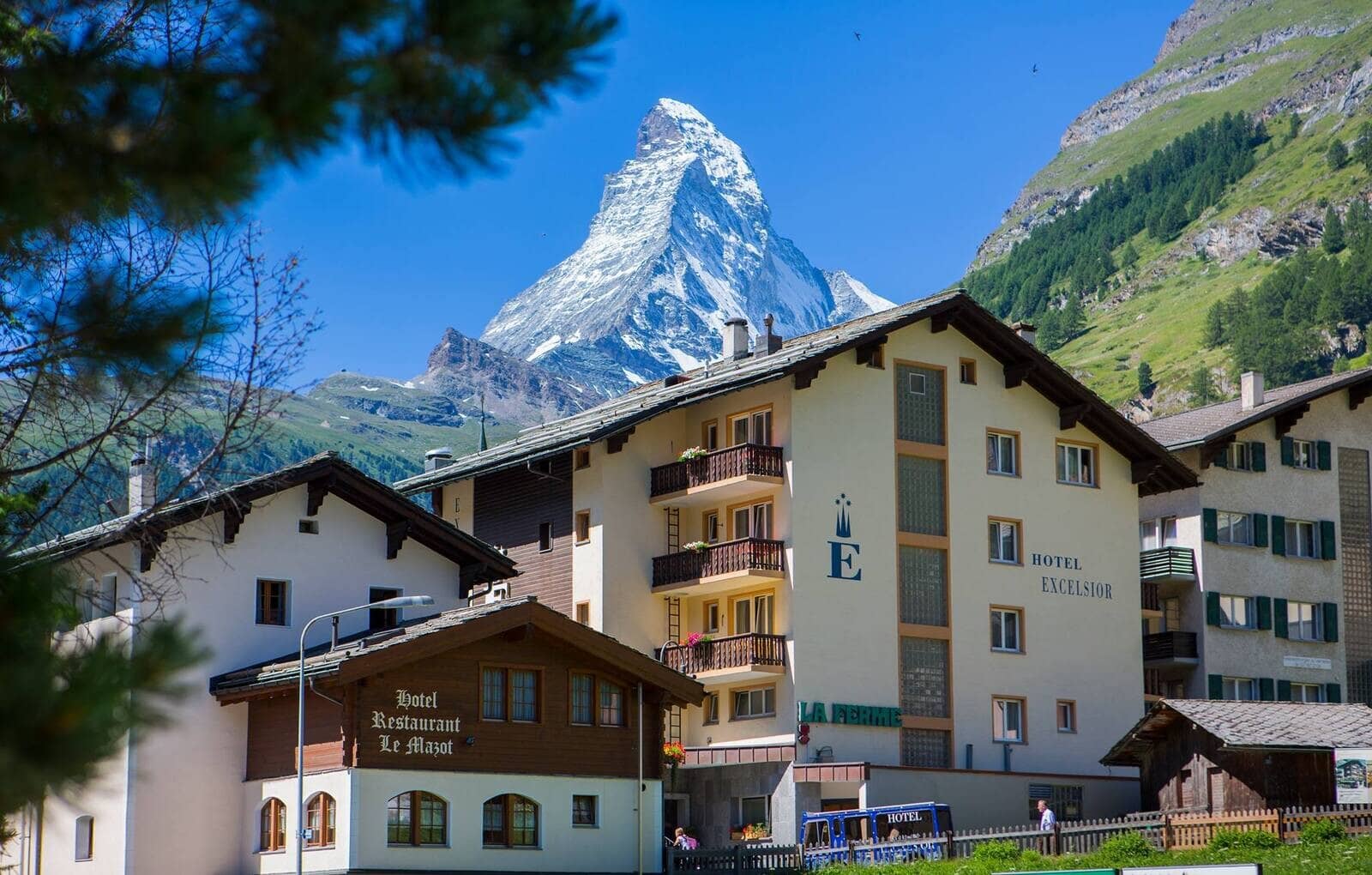 Hotel exterior with private balconies and direct view of the Matterhorn