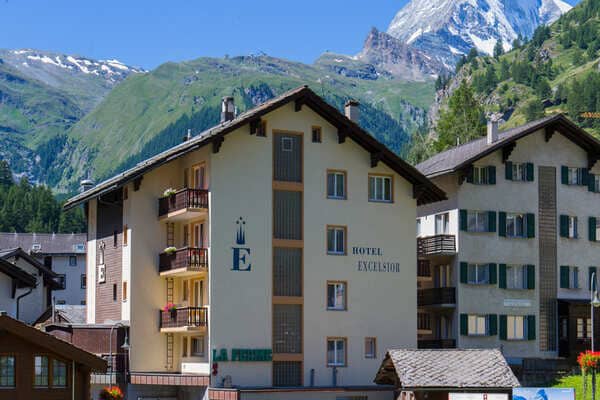 Hotel Excelsior exterior with private balconies and Matterhorn mountain views