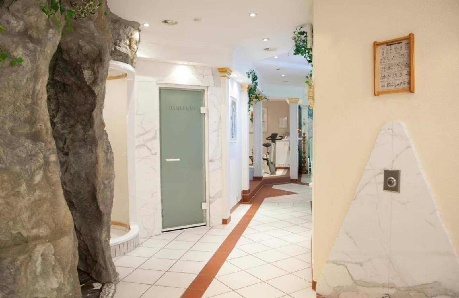 Spa area with steam room, grotto shower, and exercise bike