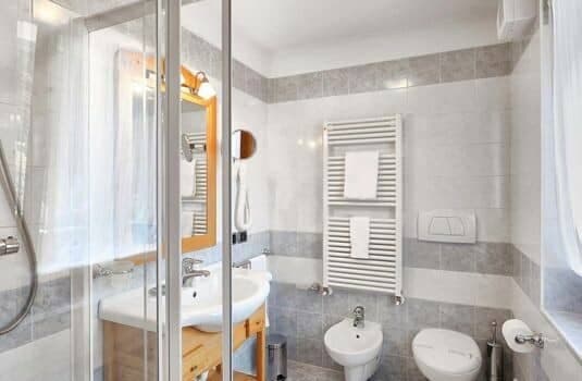 Bathroom with glass shower, bidet, and wall-mounted heated towel rack