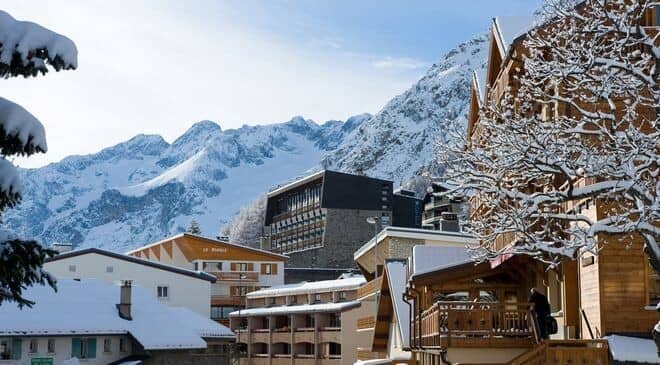 Ski resort village views with mountain backdrop and direct chalet access