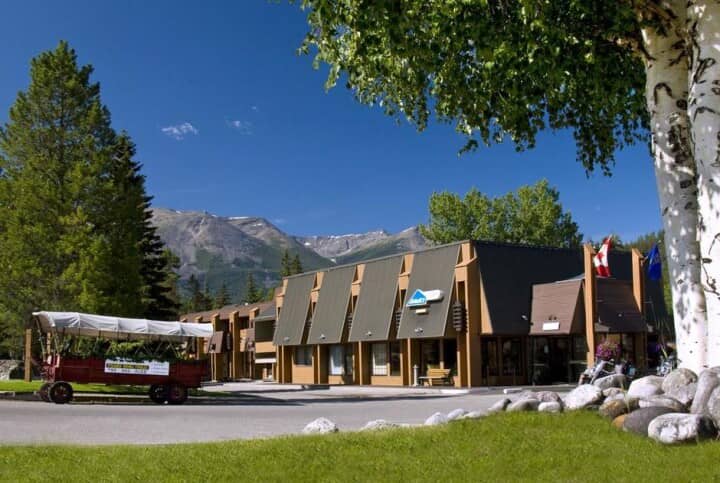 Lodge exterior with mountain views and slanted architectural features