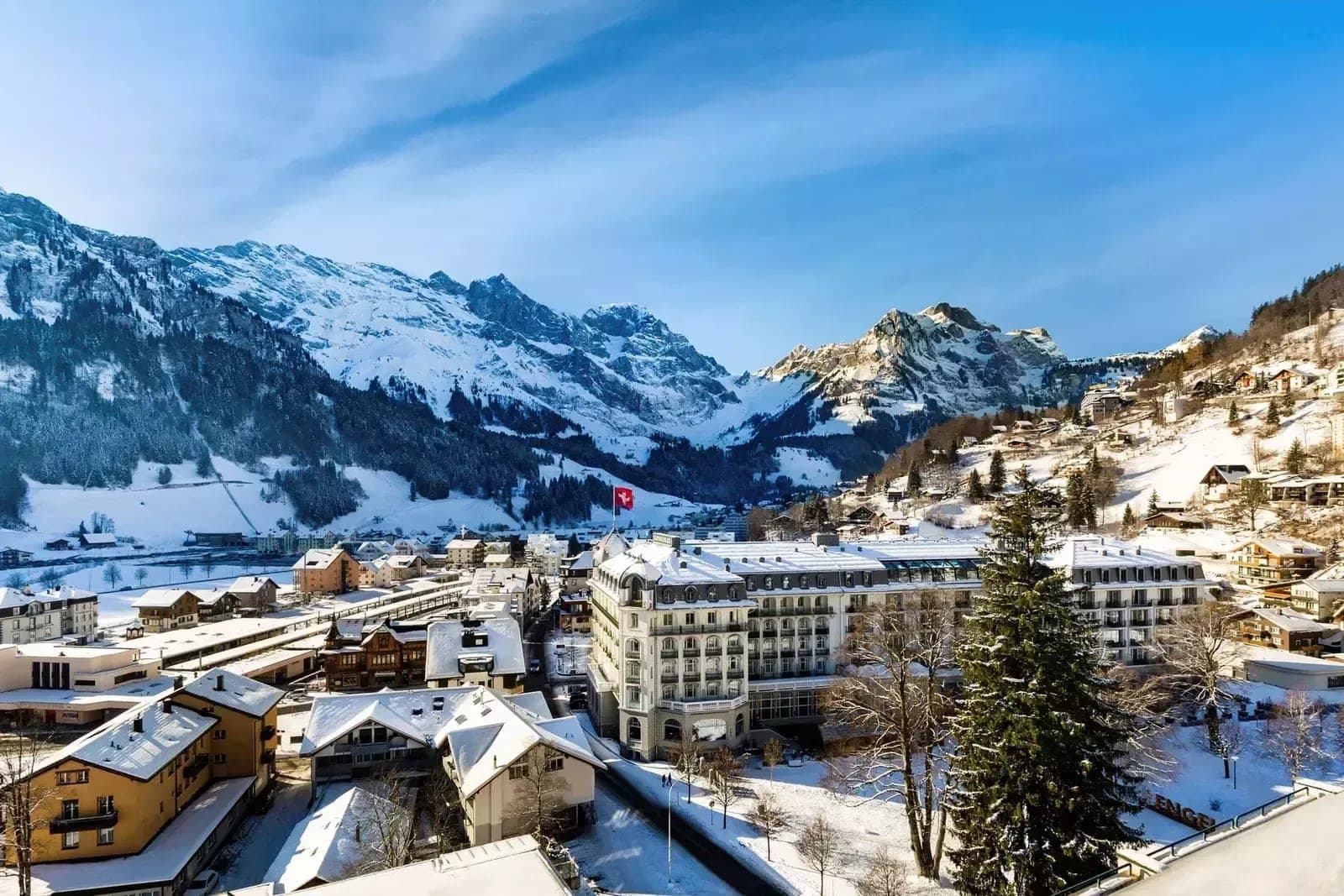 Mountain view overlooking Engelberg village center and Titlis range