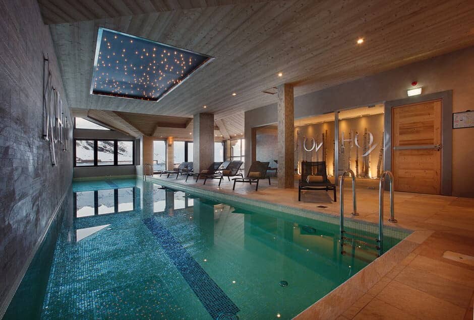 Indoor pool with mountain views and fibre-optic starlight ceiling feature