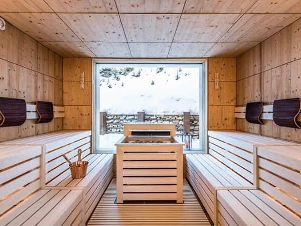 Pine-lined sauna with multi-level seating and mountain snow views