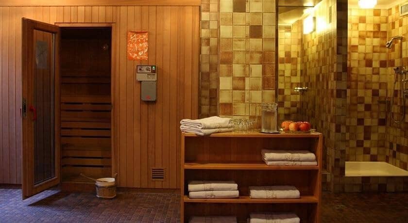 Private spa room featuring dry sauna and adjacent walk-in shower