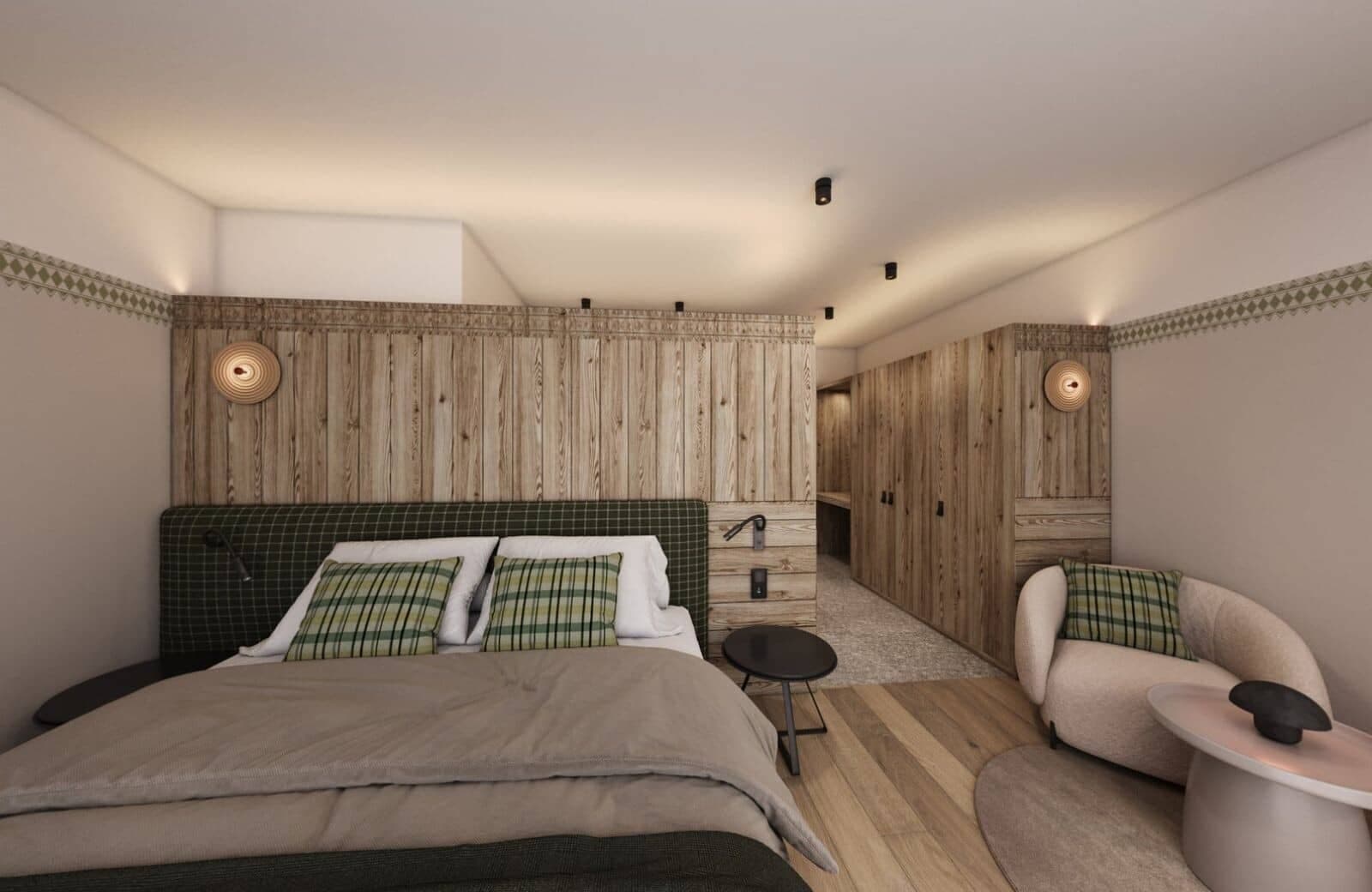 Bedroom with king bed and wood-paneled walk-in closet area