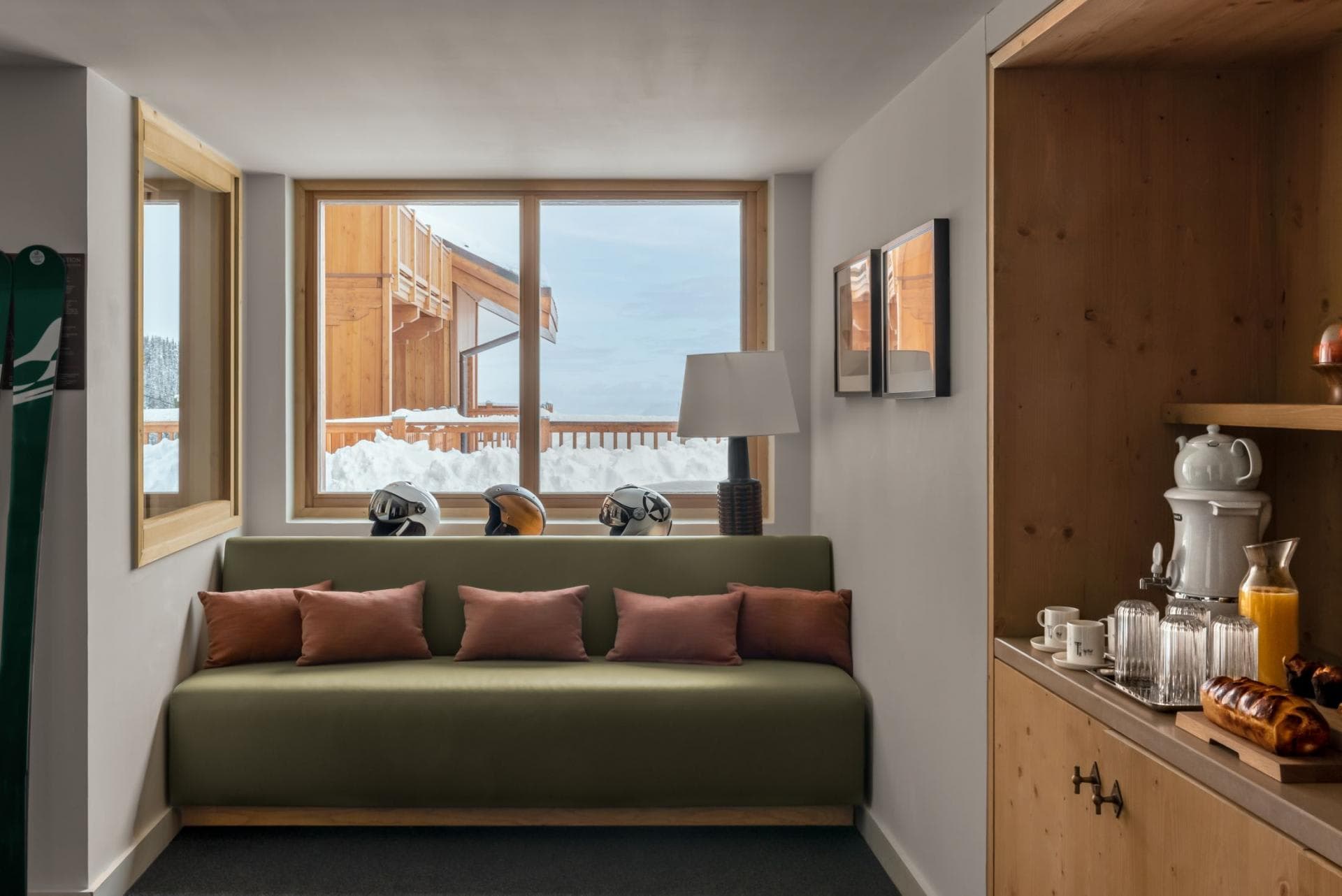 Ski nook with window bench and built-in coffee station