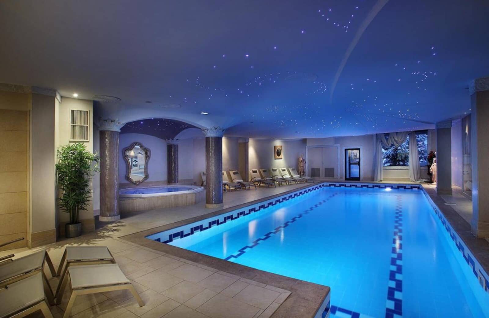 Indoor pool and hot tub with fiber optic star ceiling