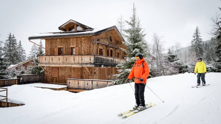 Ski-in, ski-out timber chalet with wrap-around balcony
