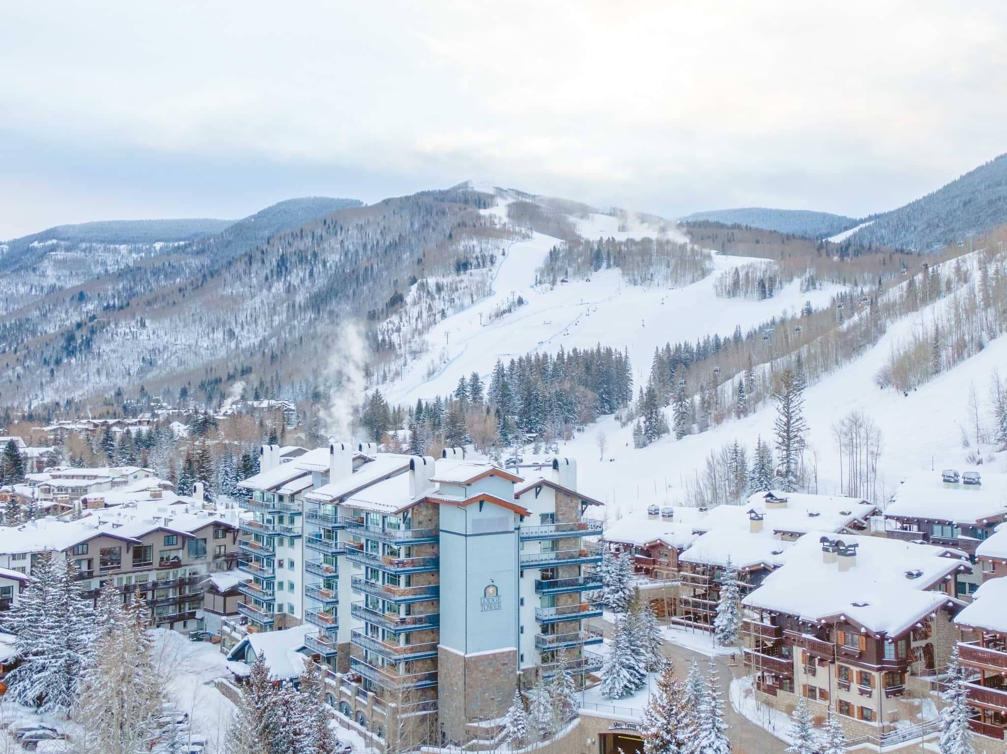 Ski-in, ski-out resort exterior with direct access to mountain slopes