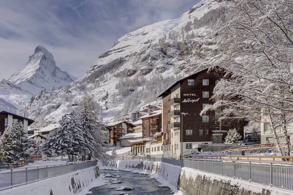 Hotel Metropol exterior with direct Matterhorn views and riverside walkway