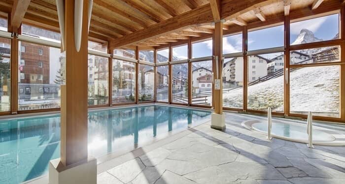 Indoor pool and hot tub with Matterhorn views