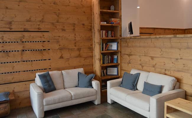 Sitting area with twin loveseats and library of books and games