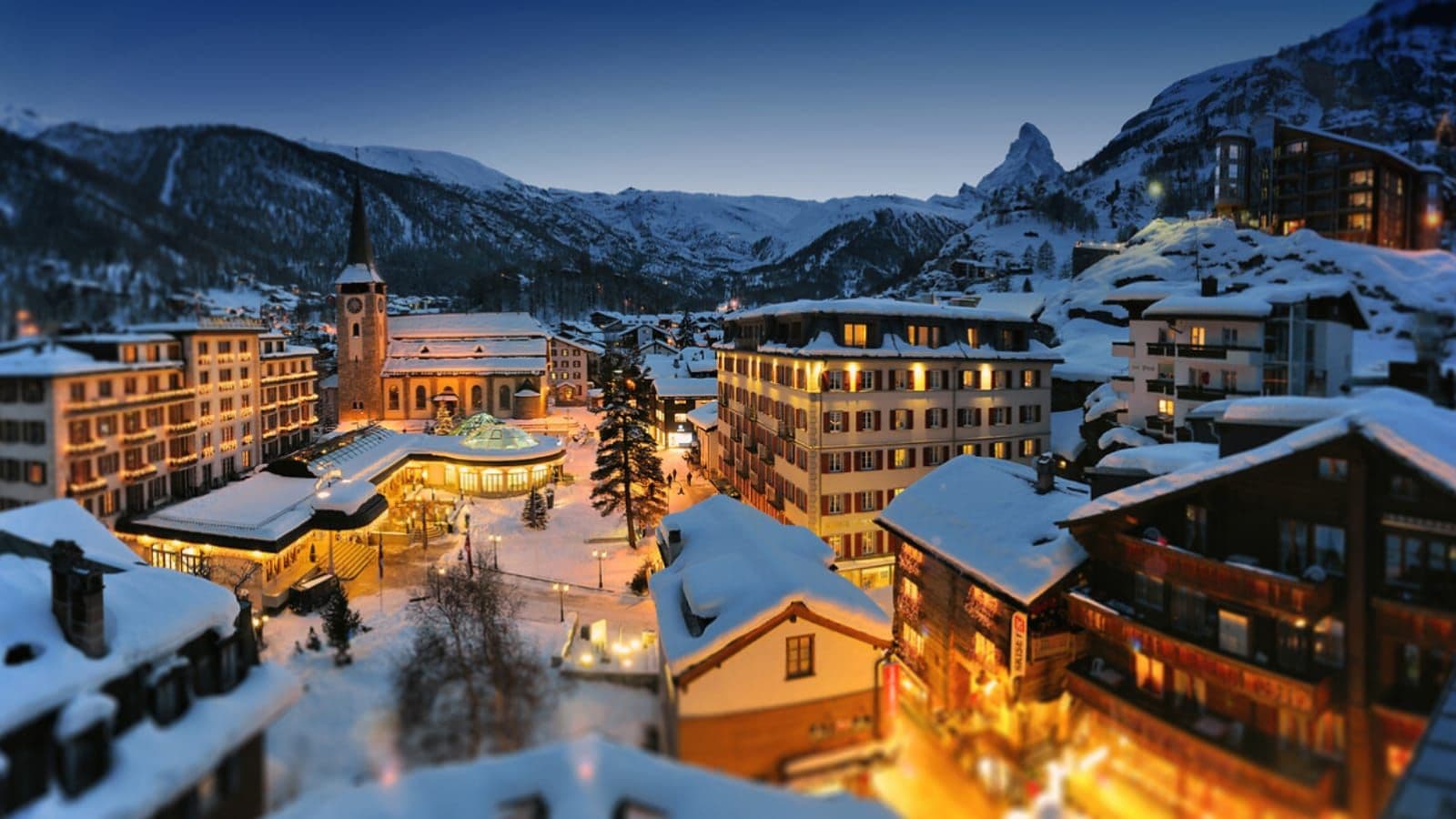 Zermatt village view with Matterhorn peak and central church access