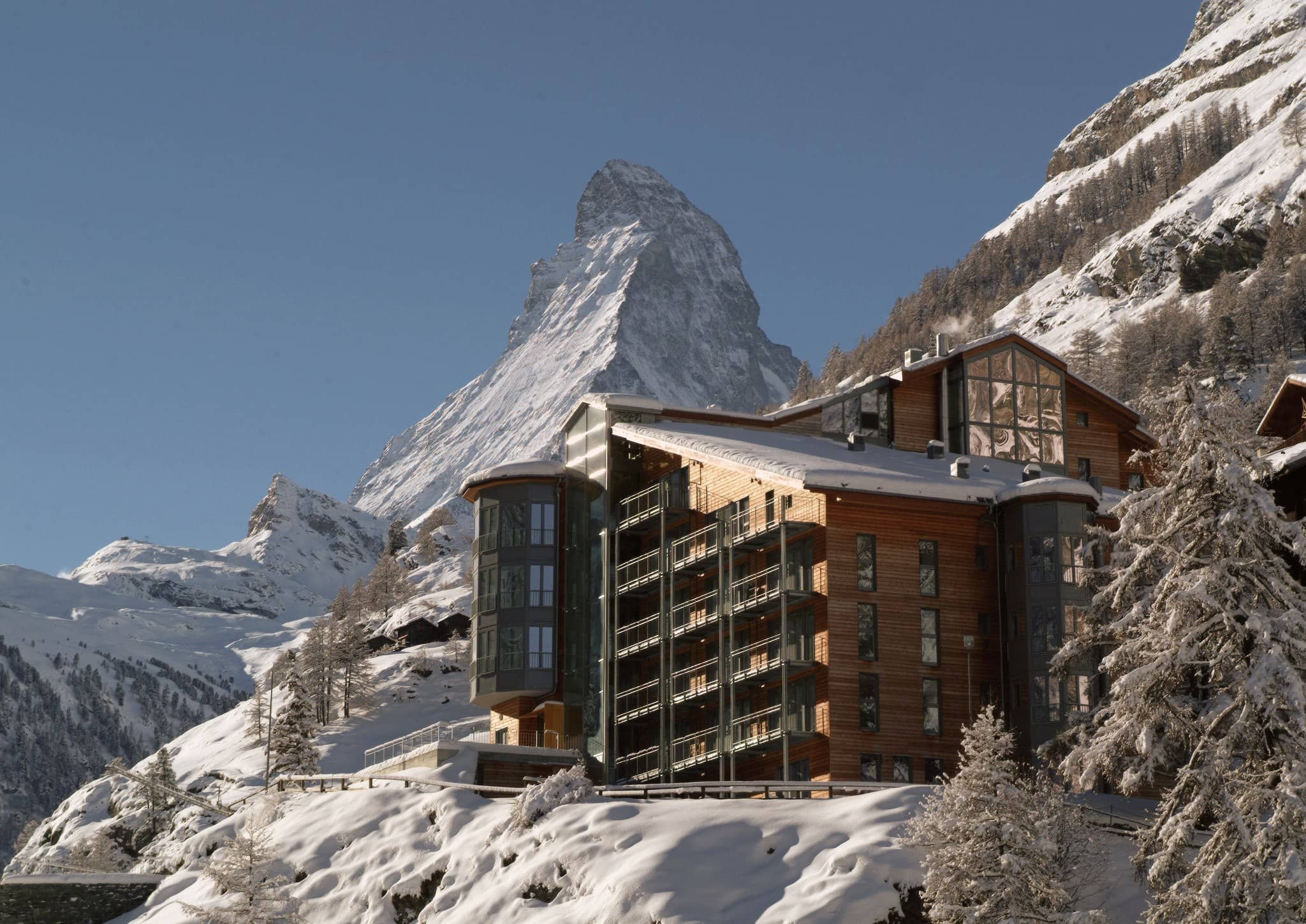 Chalet exterior with private balconies and direct Matterhorn views