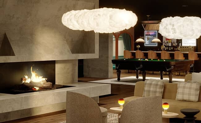 Lounge with fireplace, pool table, and bar area seating