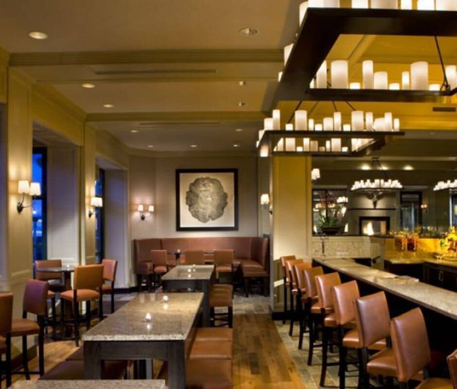 Lounge area with bar seating and communal tables