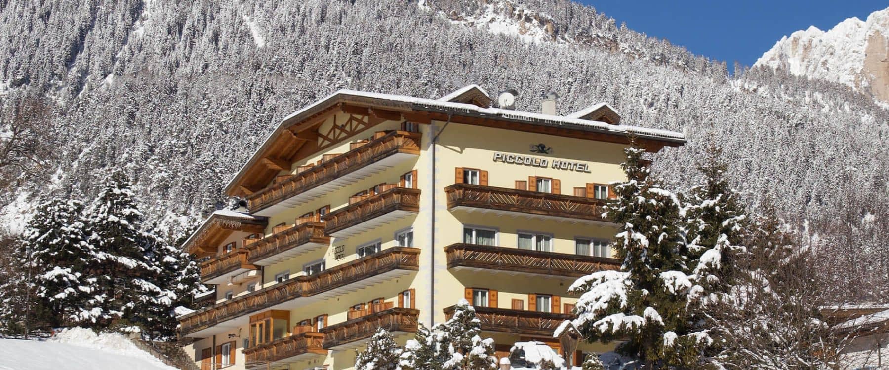 Hotel exterior featuring private wood-railed balconies with alpine forest backdrop