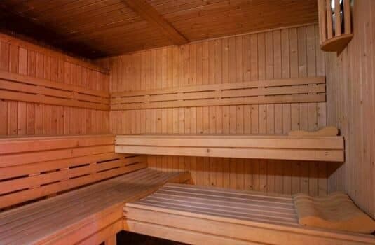 Sauna with tiered bench seating and wooden headrests