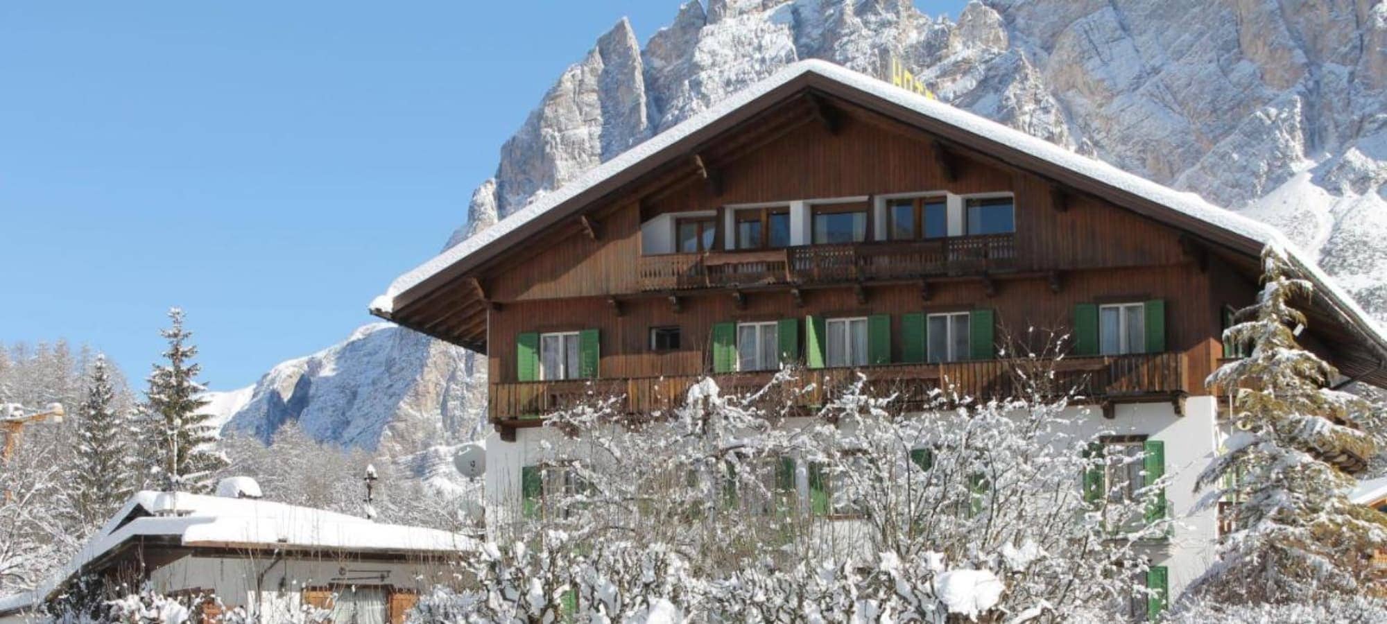 Chalet exterior with private balconies and jagged mountain peak views