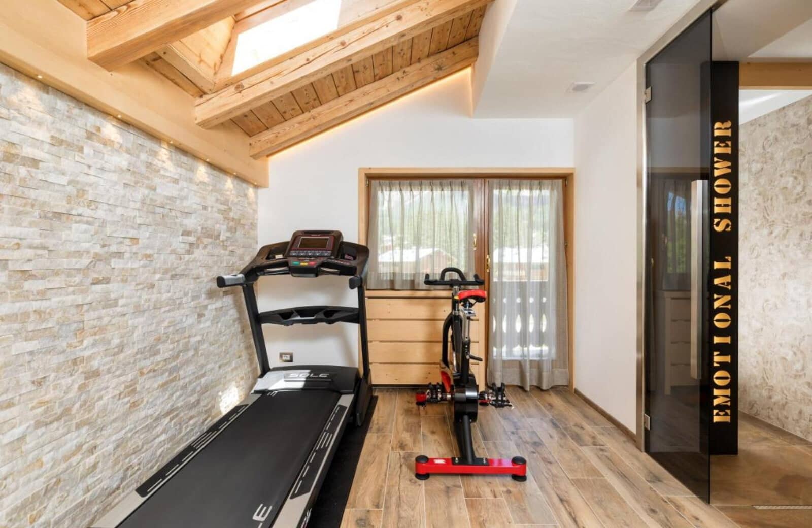Fitness area with treadmill, stationary bike, and emotional shower