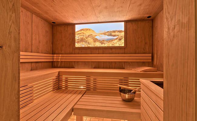 Cedar-lined sauna with tiered bench seating and mountain view window