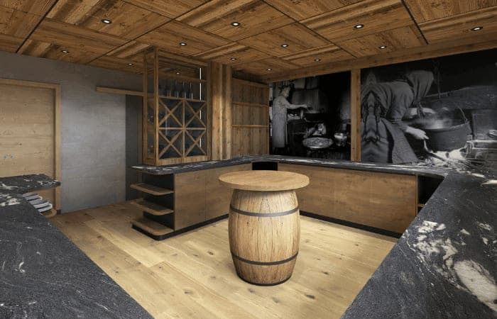 Wine tasting room with stone countertops and barrel table