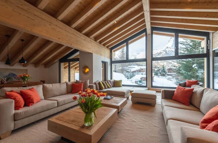 Living area with Matterhorn views and vaulted timber ceilings