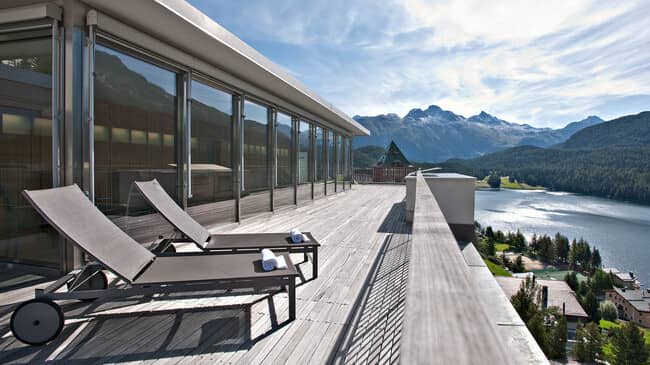 Private sun deck with lake views and loungers