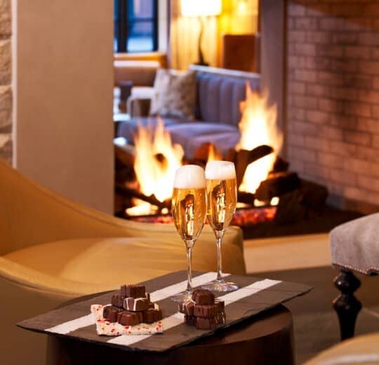 Double-sided gas fireplace connects the primary suite and lounge area