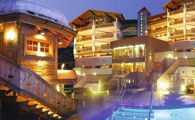 Heated outdoor pool and spa area with ski-in access