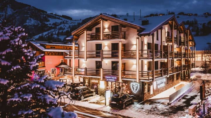 Chalet exterior with private balconies and underground parking