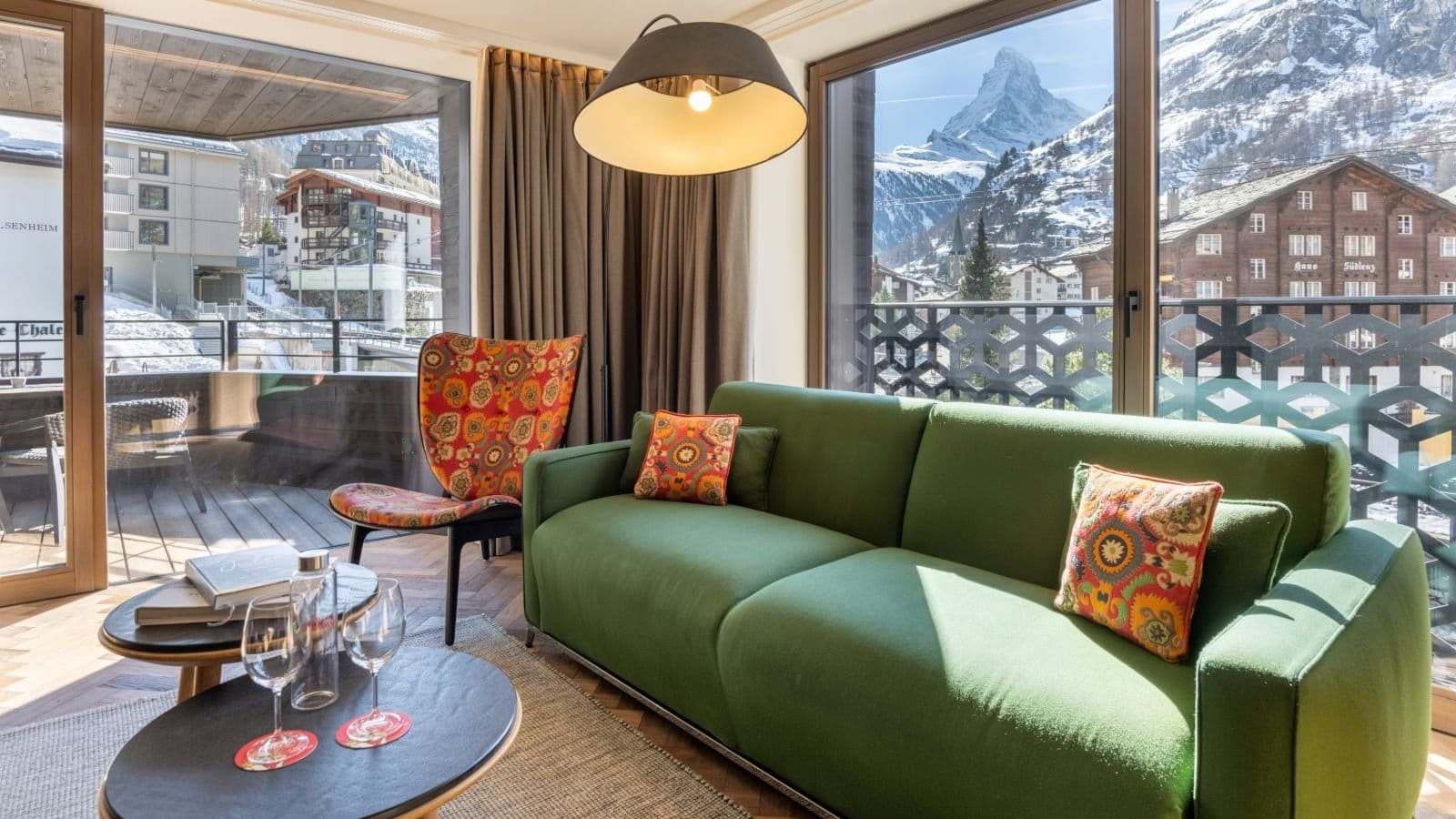 Living area with Matterhorn views and private balcony access