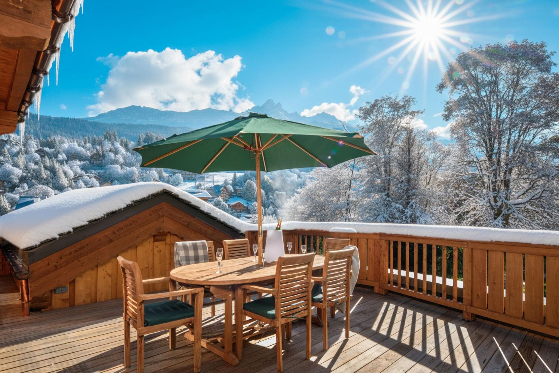 Private wooden deck with seating for 6 and mountain range views