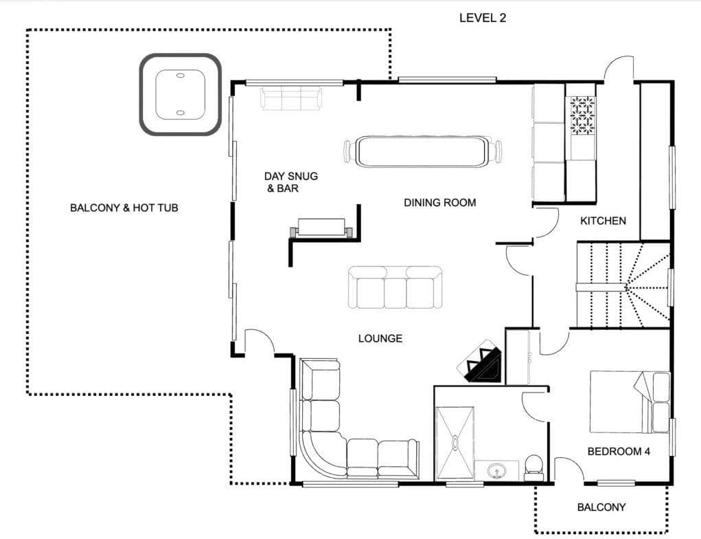 Level 2 floor plan: kitchen, lounge, bedroom 4, and balcony with hot tub