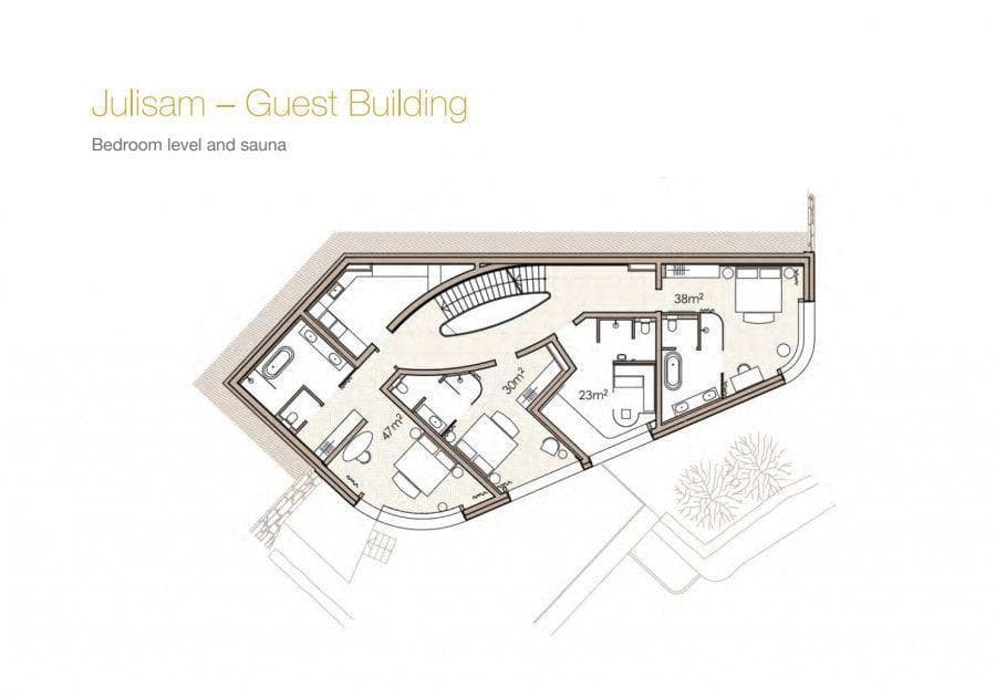 Guest building bedroom level: three ensuite bedrooms and private sauna area