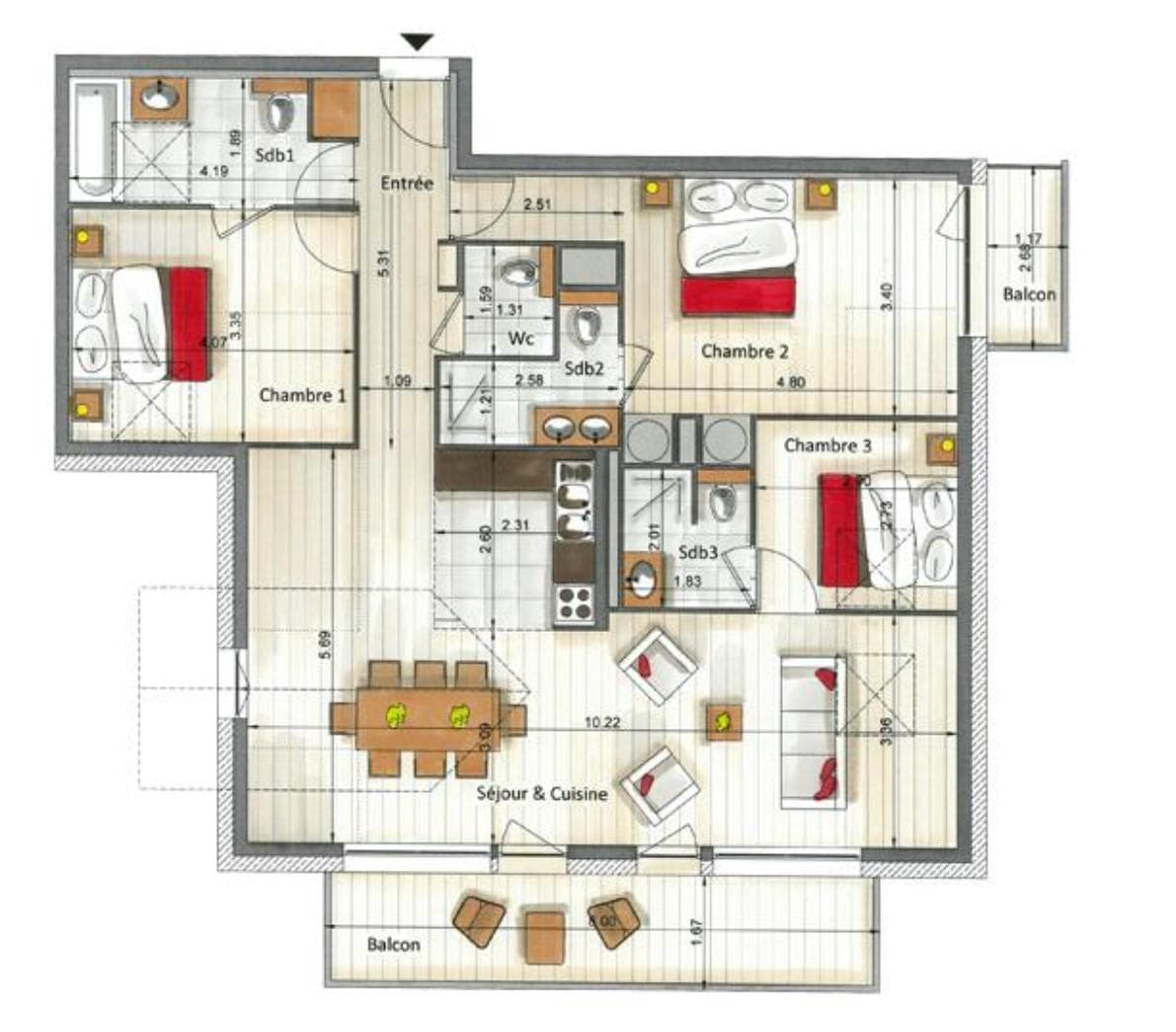Floor plan: three bedrooms, three en-suite bathrooms, and dual private balconies