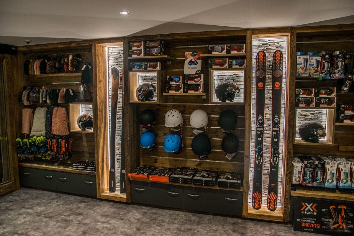Ski boutique with helmet, goggle, and gear rentals on site