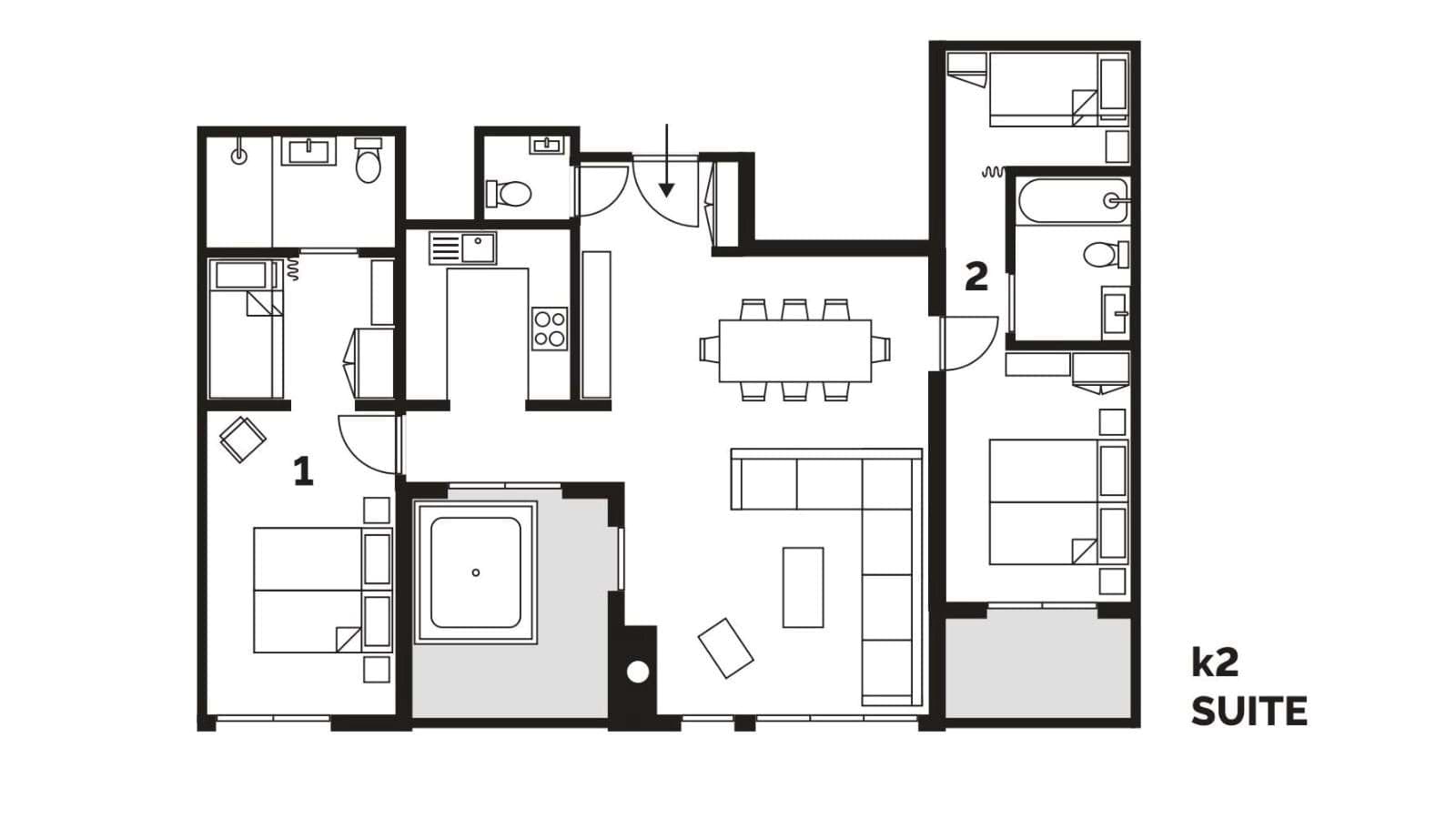 Two-bedroom suite floor plan with open-plan kitchen, dining area, and private balcony