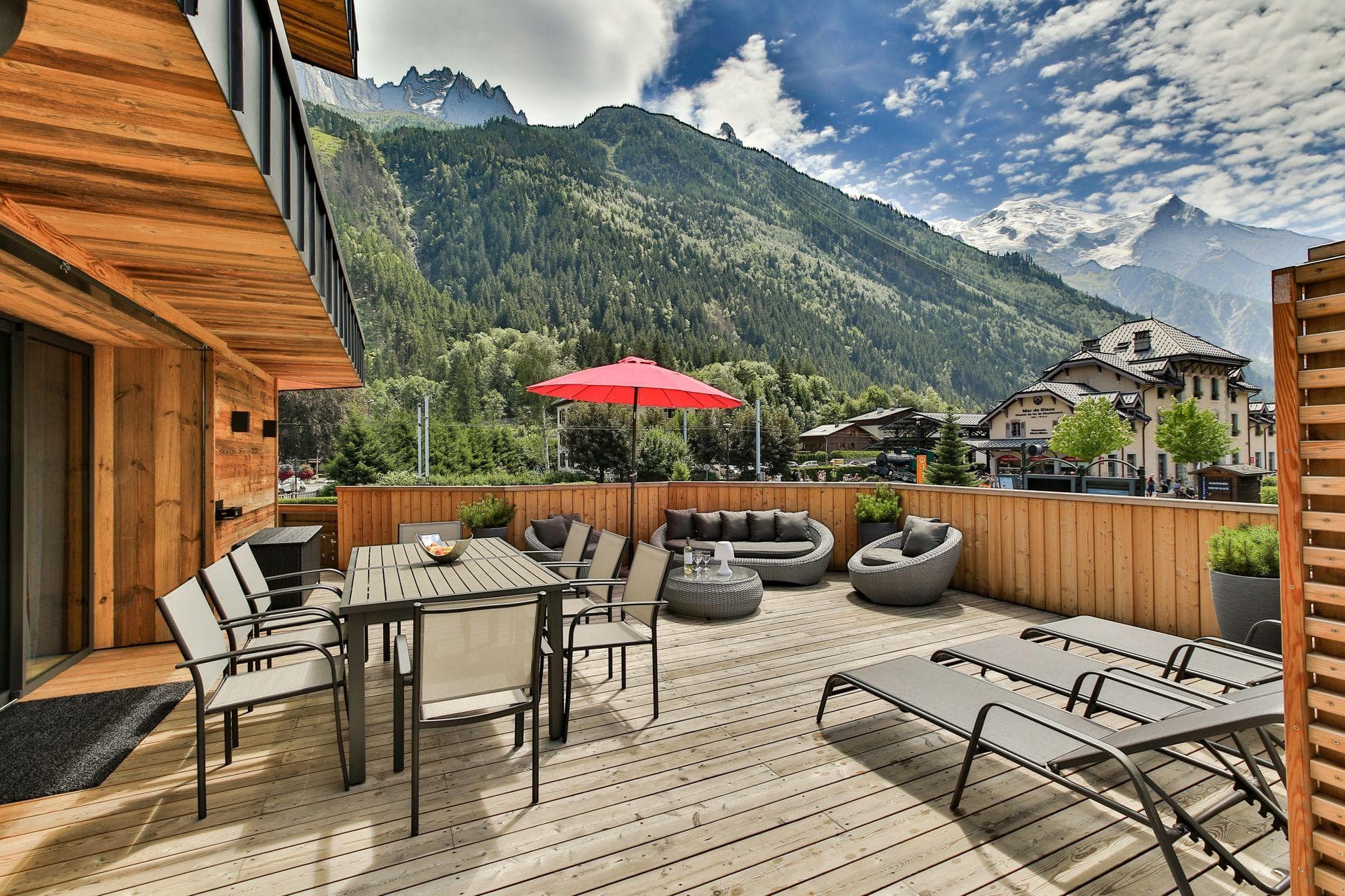 Private wooden terrace with Mont Blanc views and dining for 8