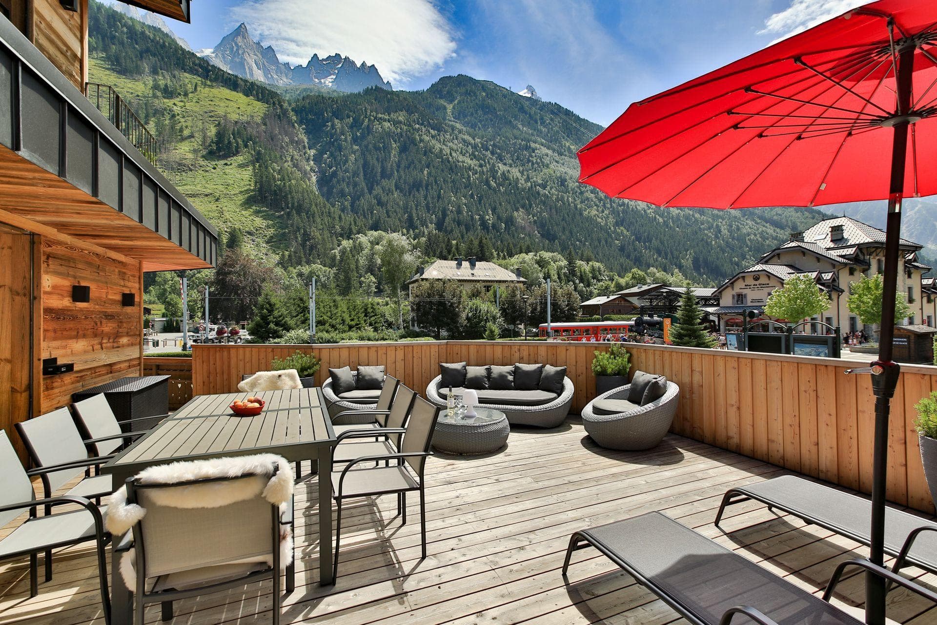Private deck with dining for 8 and Mont Blanc mountain views