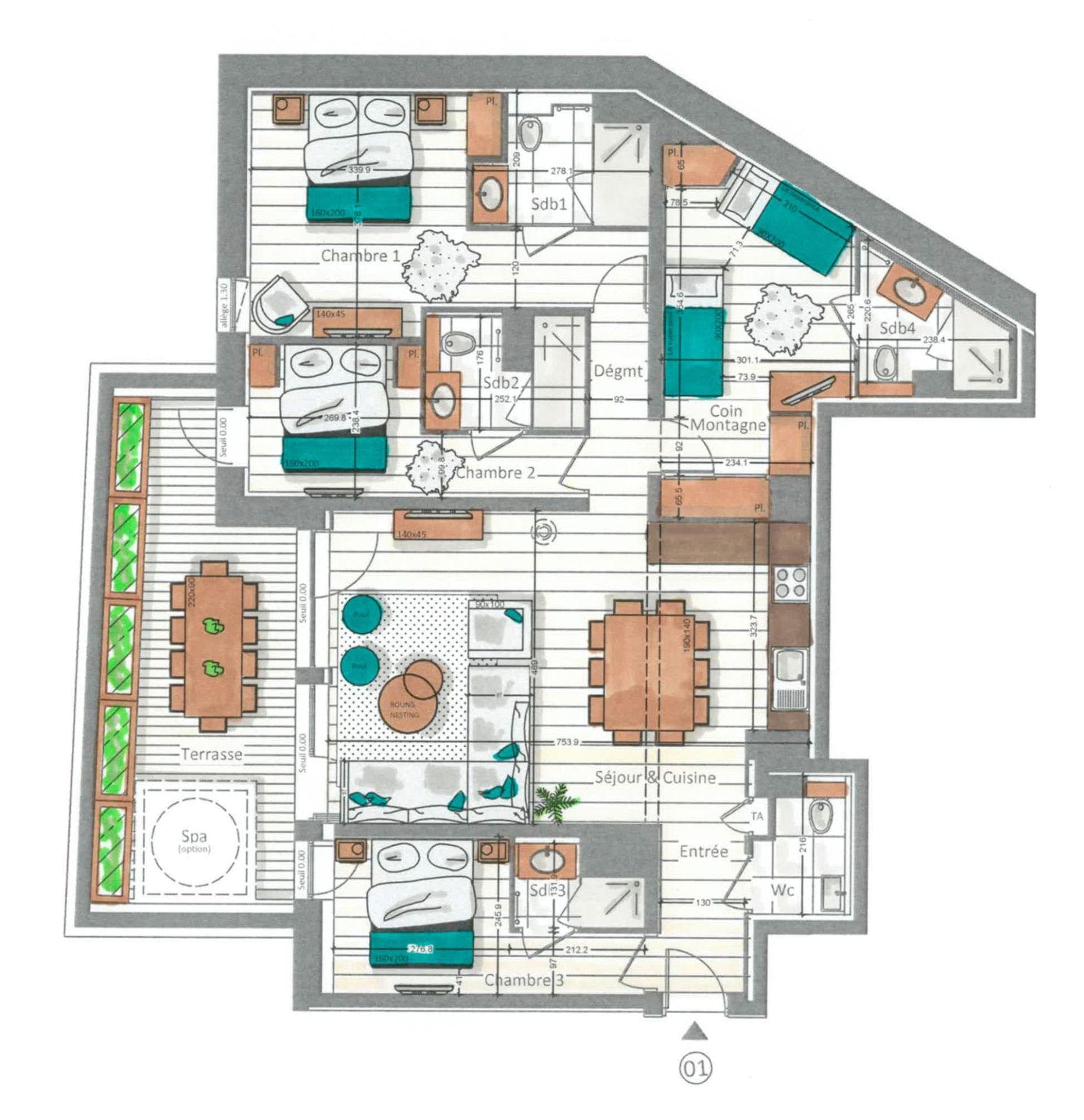 Floor plan: three en-suite bedrooms, bunk room, and terrace with spa