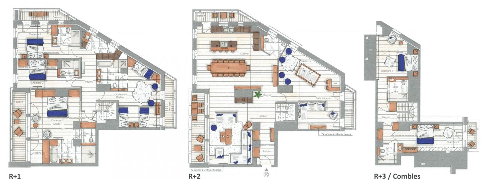Floor plans for three levels including six bedrooms, game room, and balconies